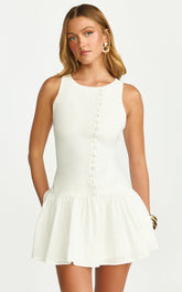 Cortez Mini Dress - High Neck Button Down Dress in White