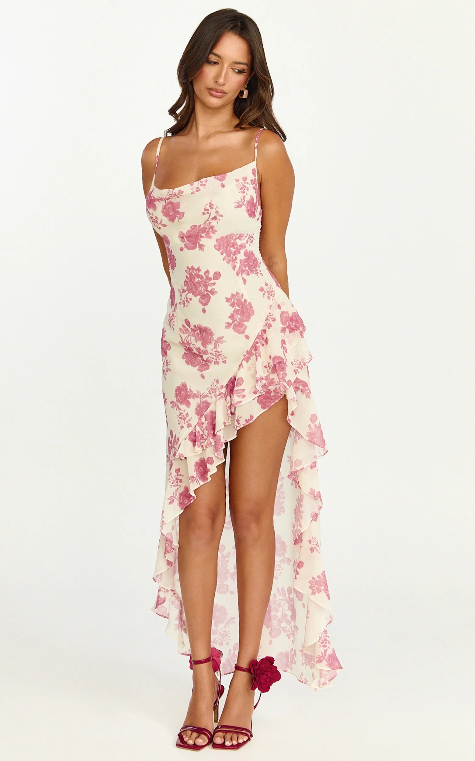 Lila Maxi Dress - Cowl Neck Asymmetric Frill Skirt Dress in Toile De Joie Print